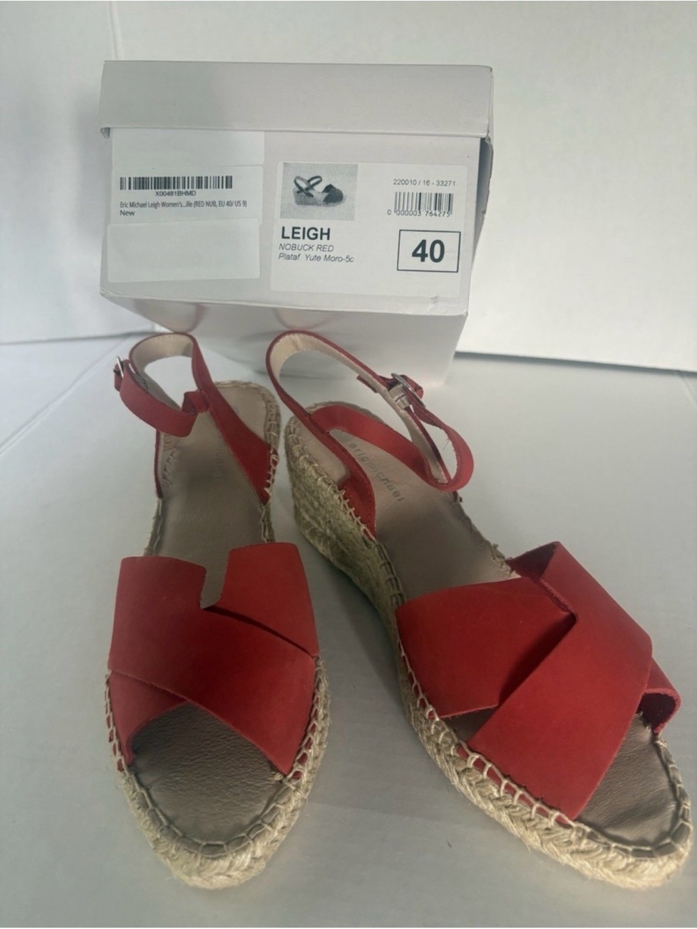 Eric Michael Leigh Red Nubuck Espadrille Wedge Sandals Women’s US 9 EU 40 New